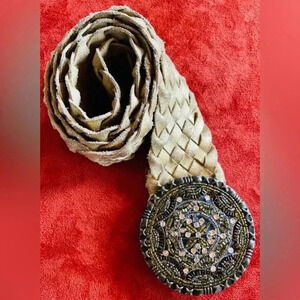 Rhinestone Concho belt buckle, woven leather belt
